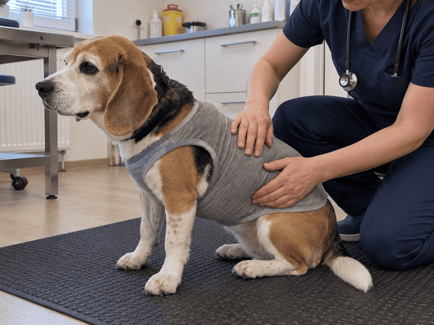 Veterinár šetrne vyšetruje prekrytý útvar na boku psa